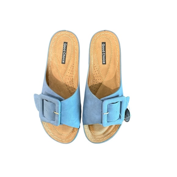 Good Chic Women's Blue Mules with Tan Sole NWB - Picture 6 of 9